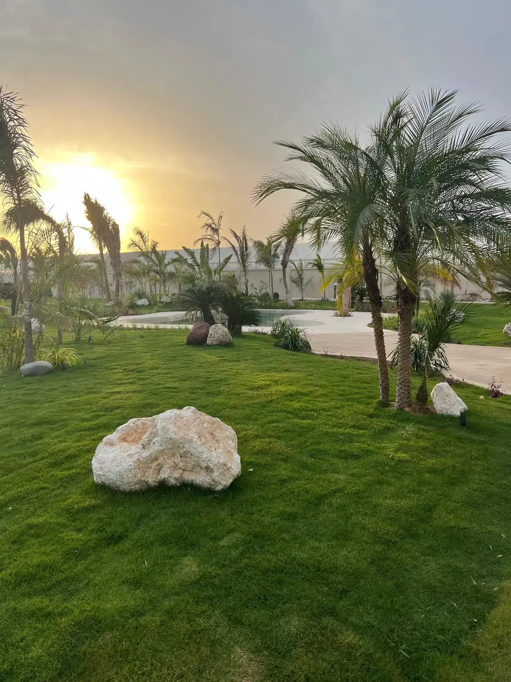 Villa landscape with planting, stone and lighting
